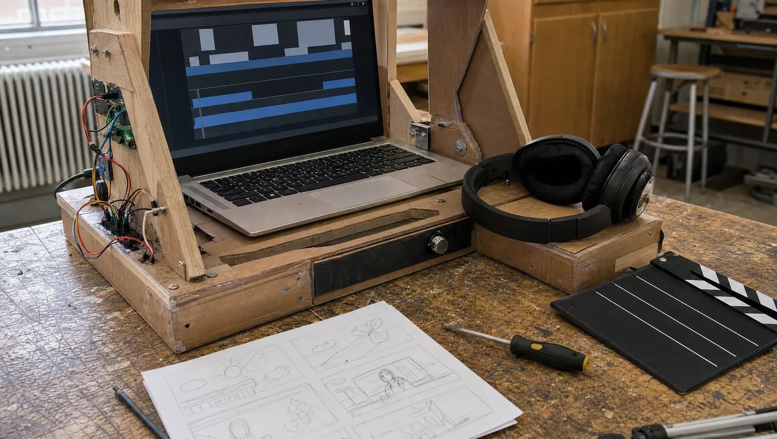 Riya, with AI Filmmaking. A school editing desk: a laptop showing an abstract video timeline, over-ear headphones, hand-drawn storyboard sheets and a folded tripod