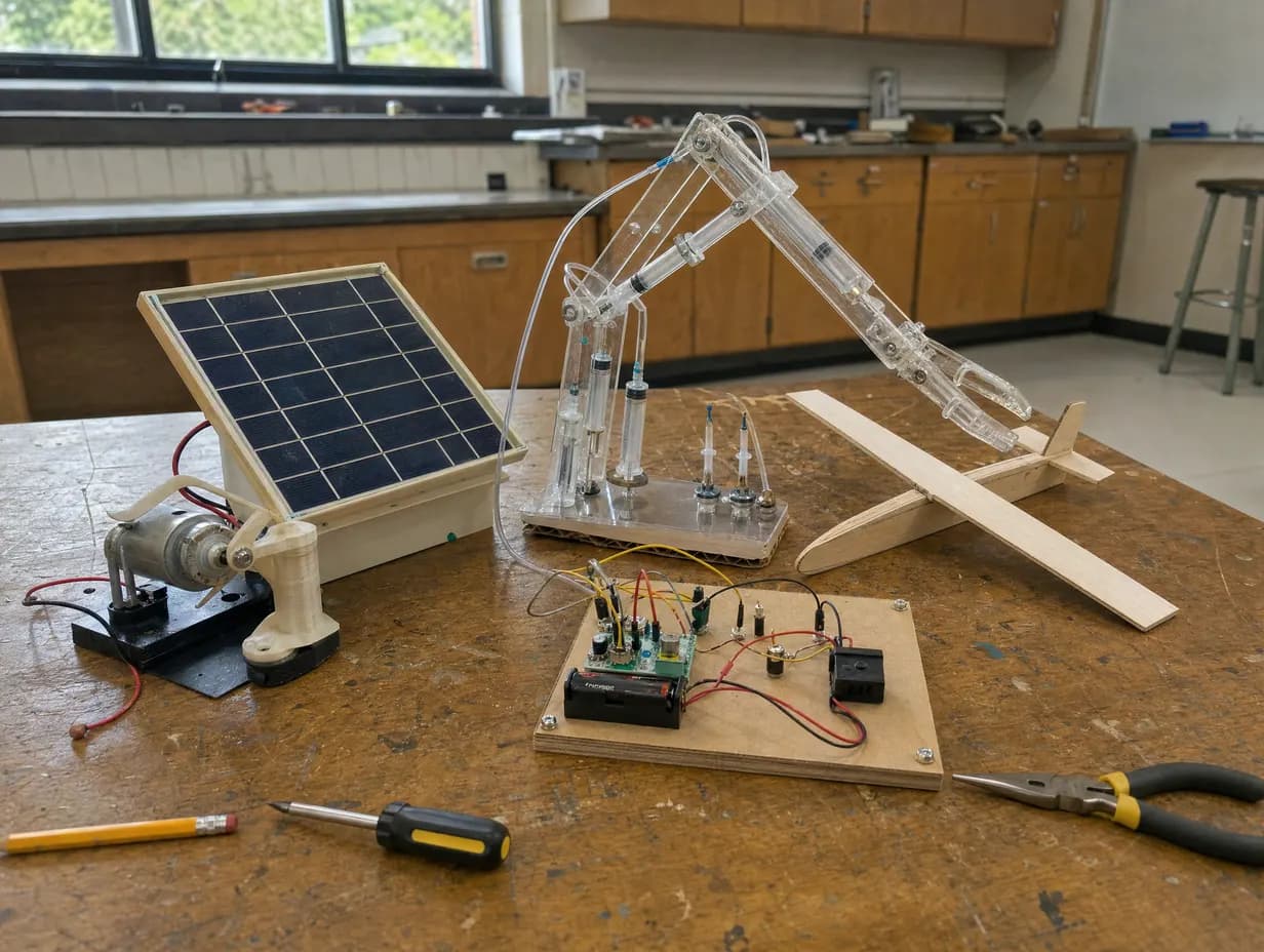 Advait, with STEM that ships working models. Finished student STEM models on a school bench: a solar panel rig wired to a motor, a clear hydraulic syringe arm, a circuit board on a plywood base and a balsa glider