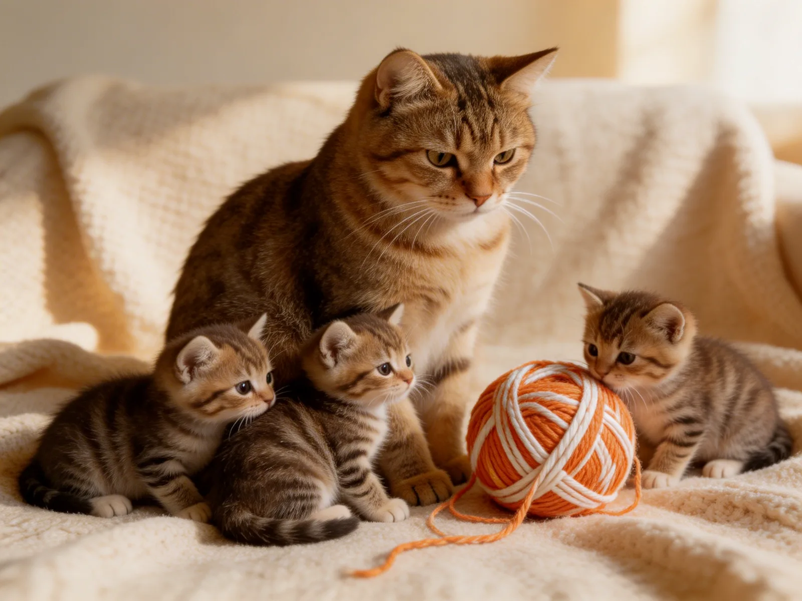 Sara, 13, with Cute Cats. Photoreal AI image of a mother cat with three kittens playing with a ball of orange wool
