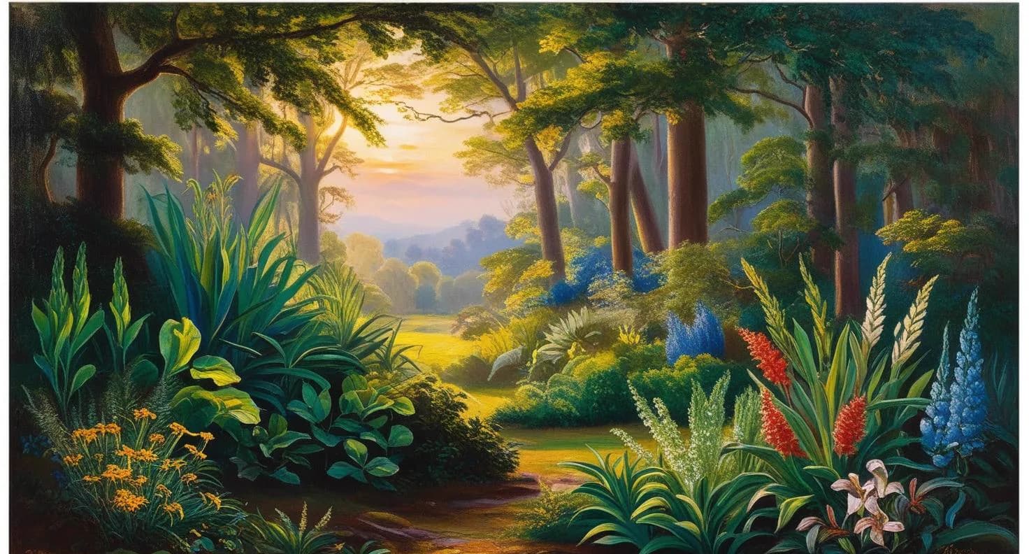 Ananya, 14, with Forest Glade at Golden Hour. Oil-painting style AI landscape of a sunlit forest glade with wildflowers at golden hour