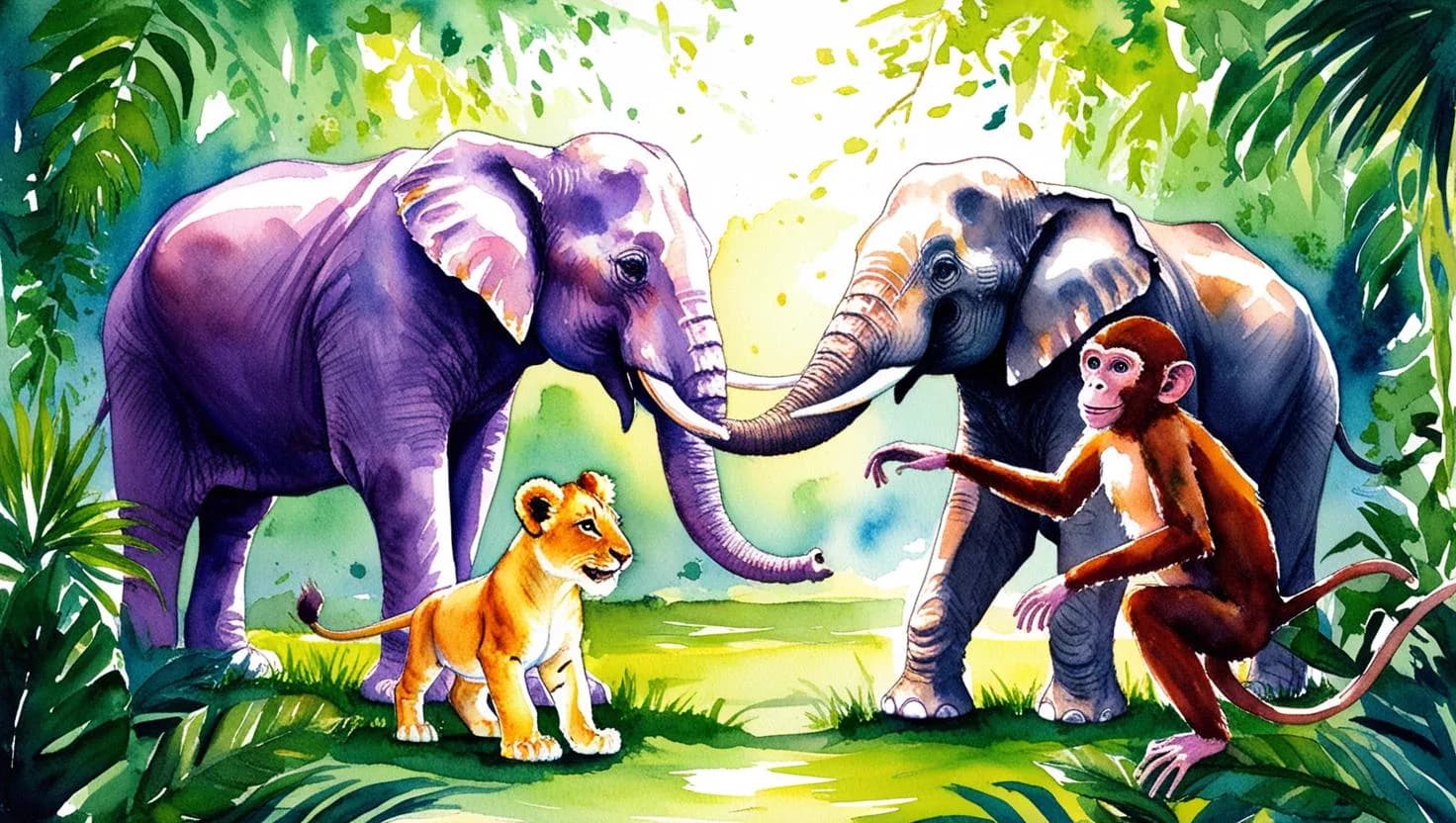Diya, 12, with The Jungle in Watercolour. Watercolour-style AI painting of two elephants touching trunks with a lion cub and monkey in a green jungle