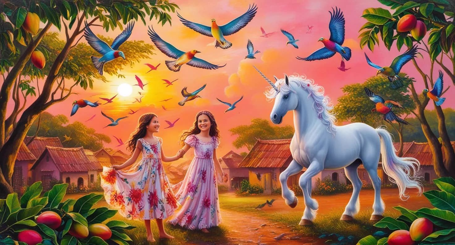Aditi, 14, with Sunrise over the Village. AI-painted village scene at sunrise with two girls, a unicorn and bright birds among mango trees