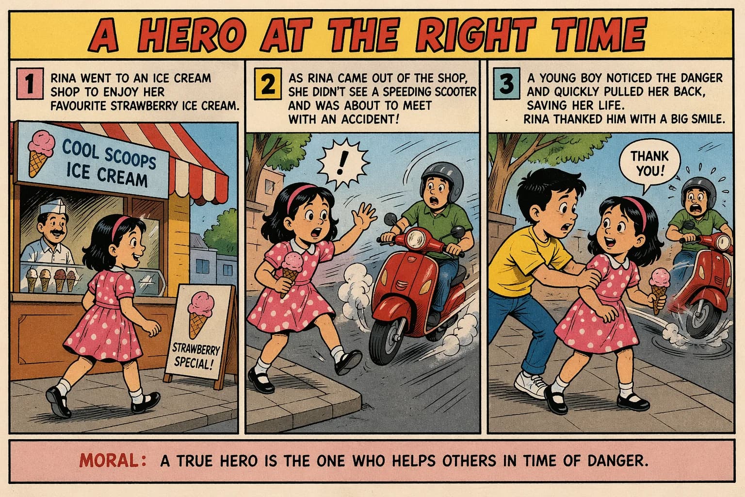 Arjun, with A Hero at the Right Time. Three-panel comic titled A Hero at the Right Time: a girl leaving an ice-cream shop is pulled back from a speeding scooter by a boy
