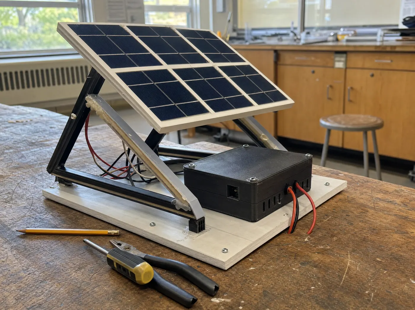 Veer, with Auron X Technologies. A tilted rooftop solar array model wired to a compact inverter box