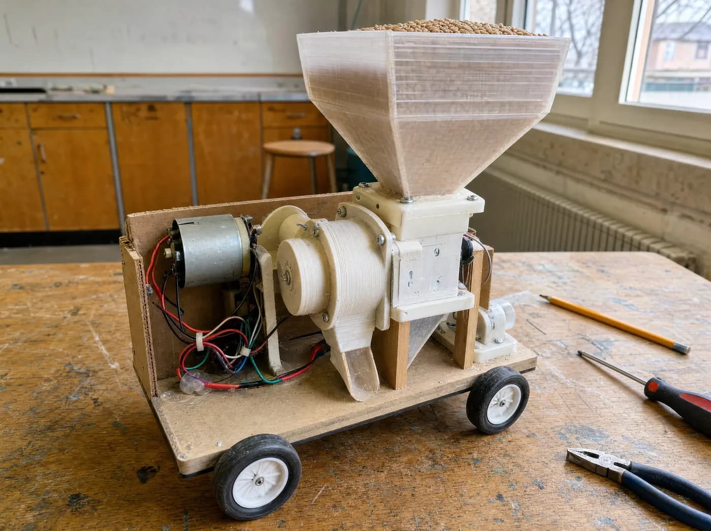 Anaya, with Chakki On Wheels. A compact grain mill mounted in a small clean cart with a wheat hopper