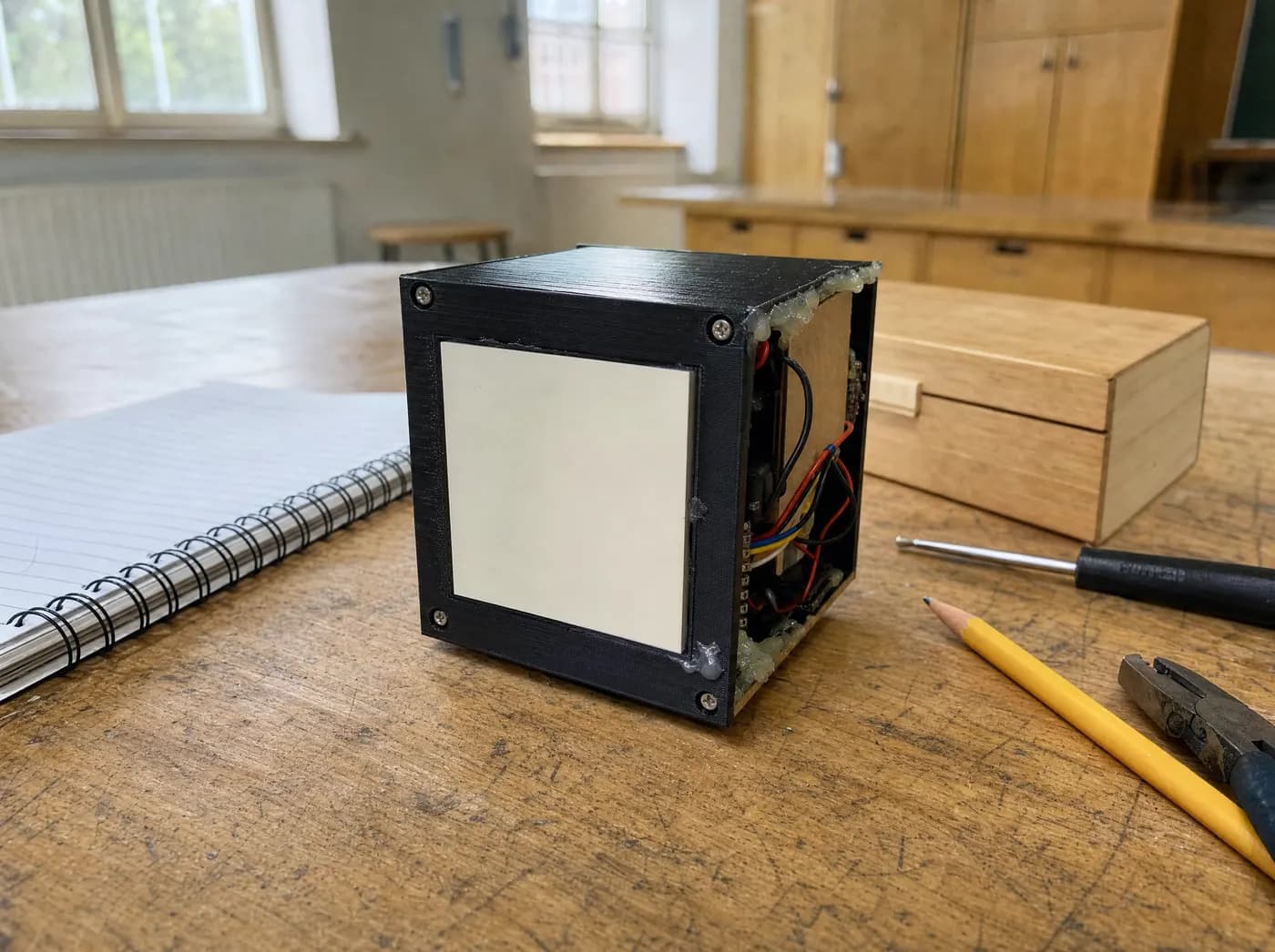 Reyansh, with CHRONO STEP. A small matte cube timer device beside a spiral notebook and a closed wooden phone box