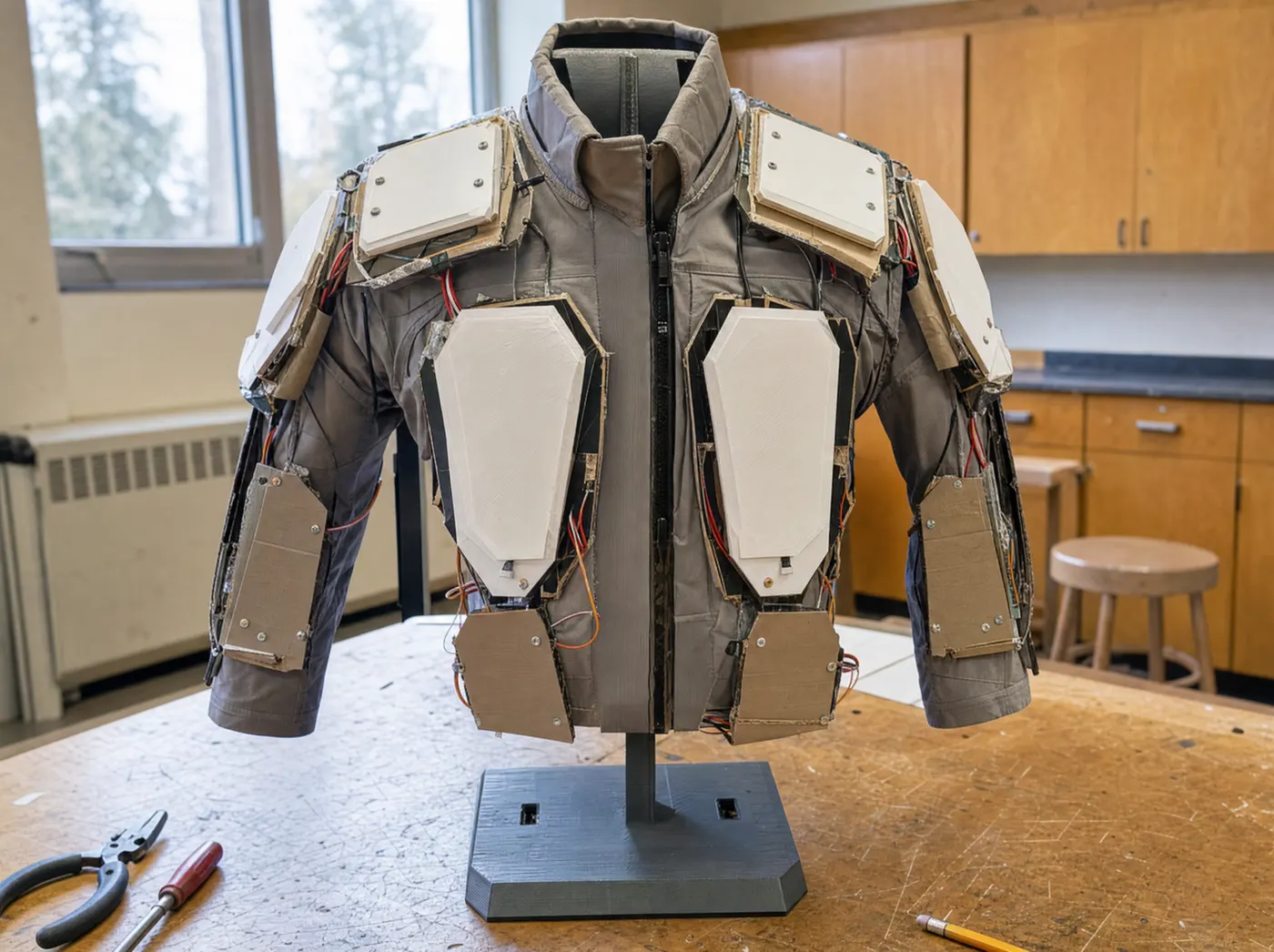 Aryan, with Climawear. A modular jacket with removable thermal panels on a garment stand