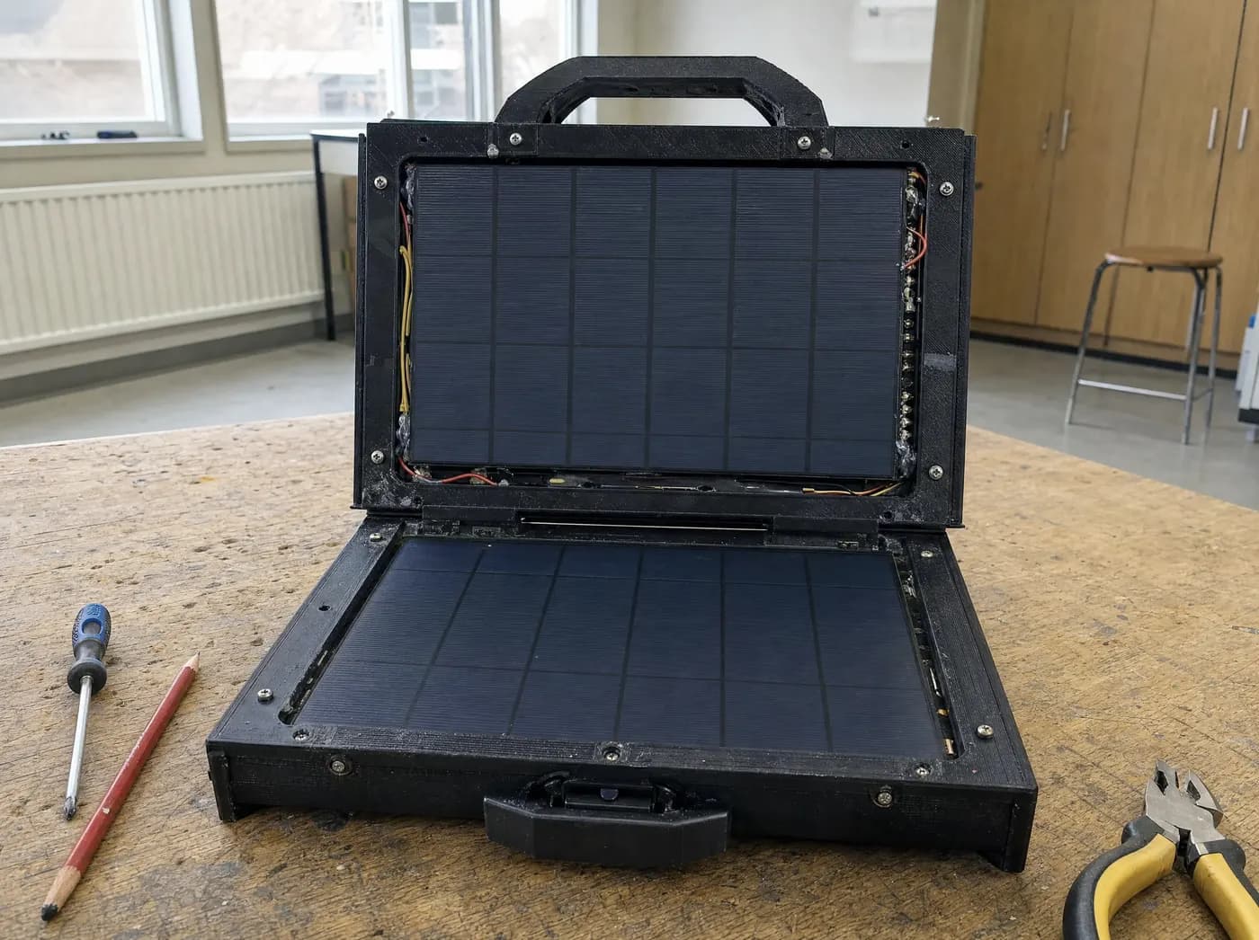 Priya, with Coper. A fold-out solar panel briefcase leaning on a balcony railing