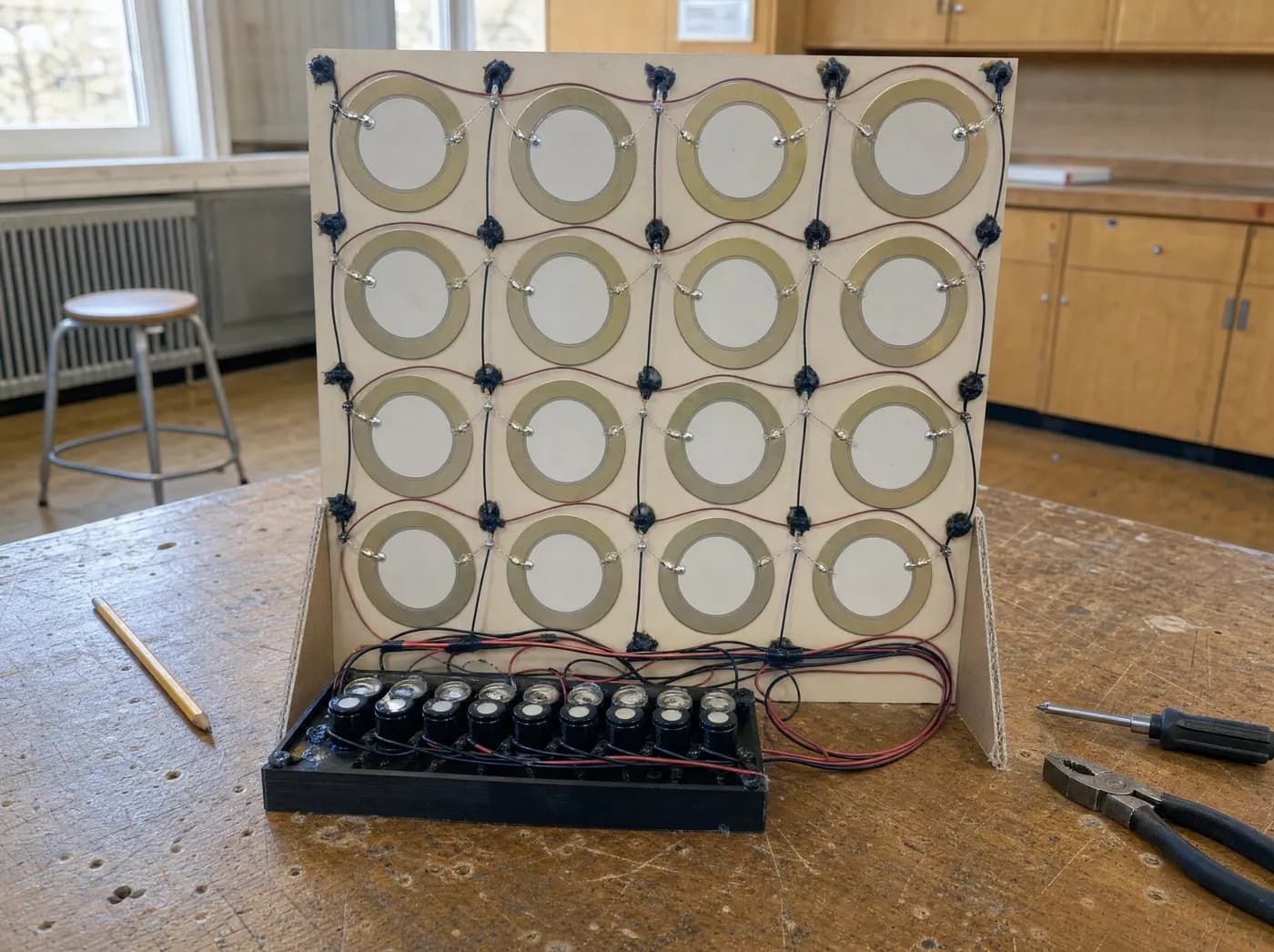 Shaurya, with ECHOVOLT. An acoustic panel array with piezo discs wired to a capacitor bank