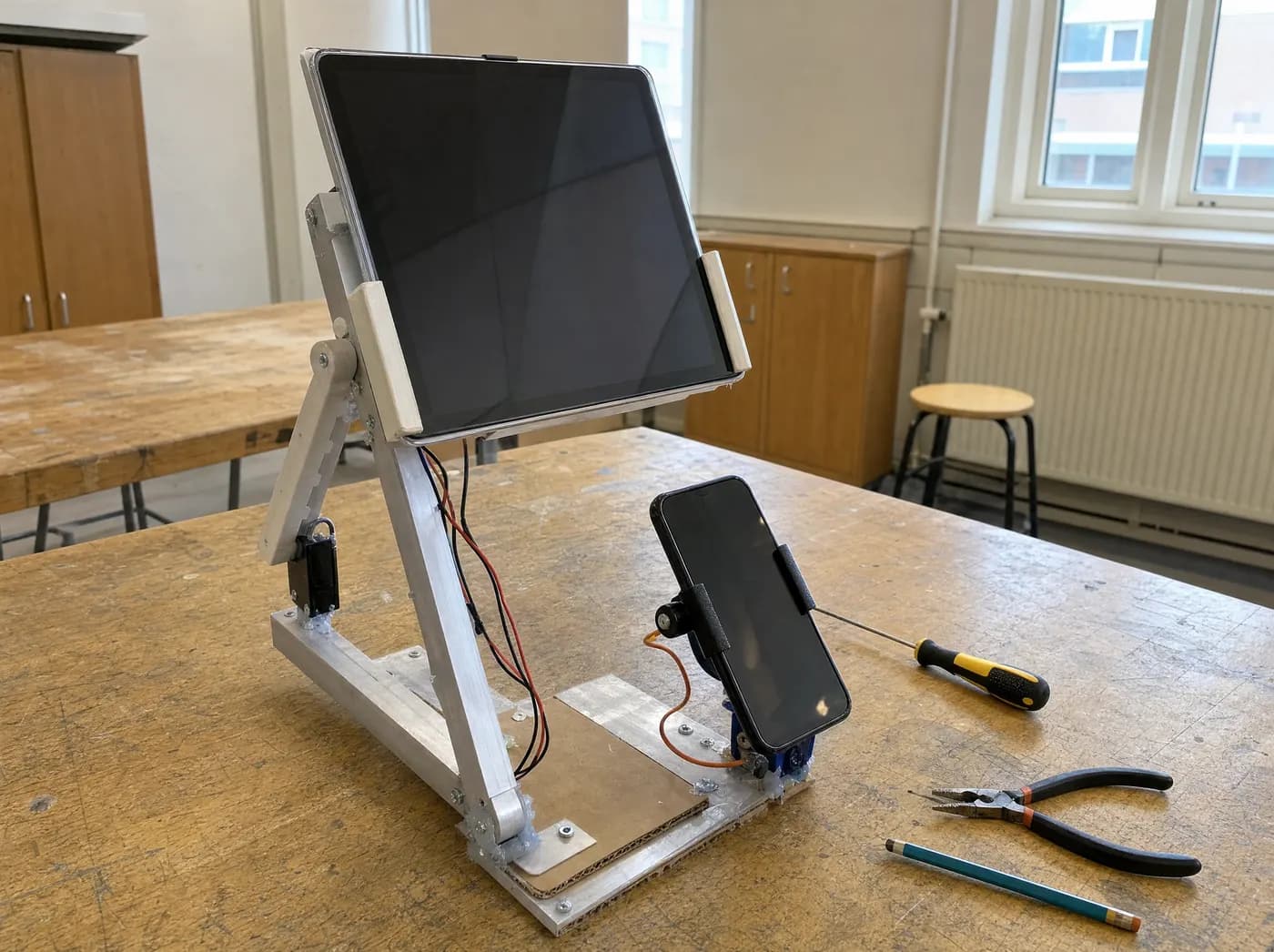 Pari, with FLEXIGEARZ. An articulated aluminium stand holding a tablet and a phone