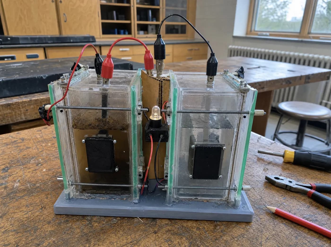 Zara, with MFC Labs. A bench-top microbial fuel cell: twin acrylic chambers with electrodes powering a small lamp