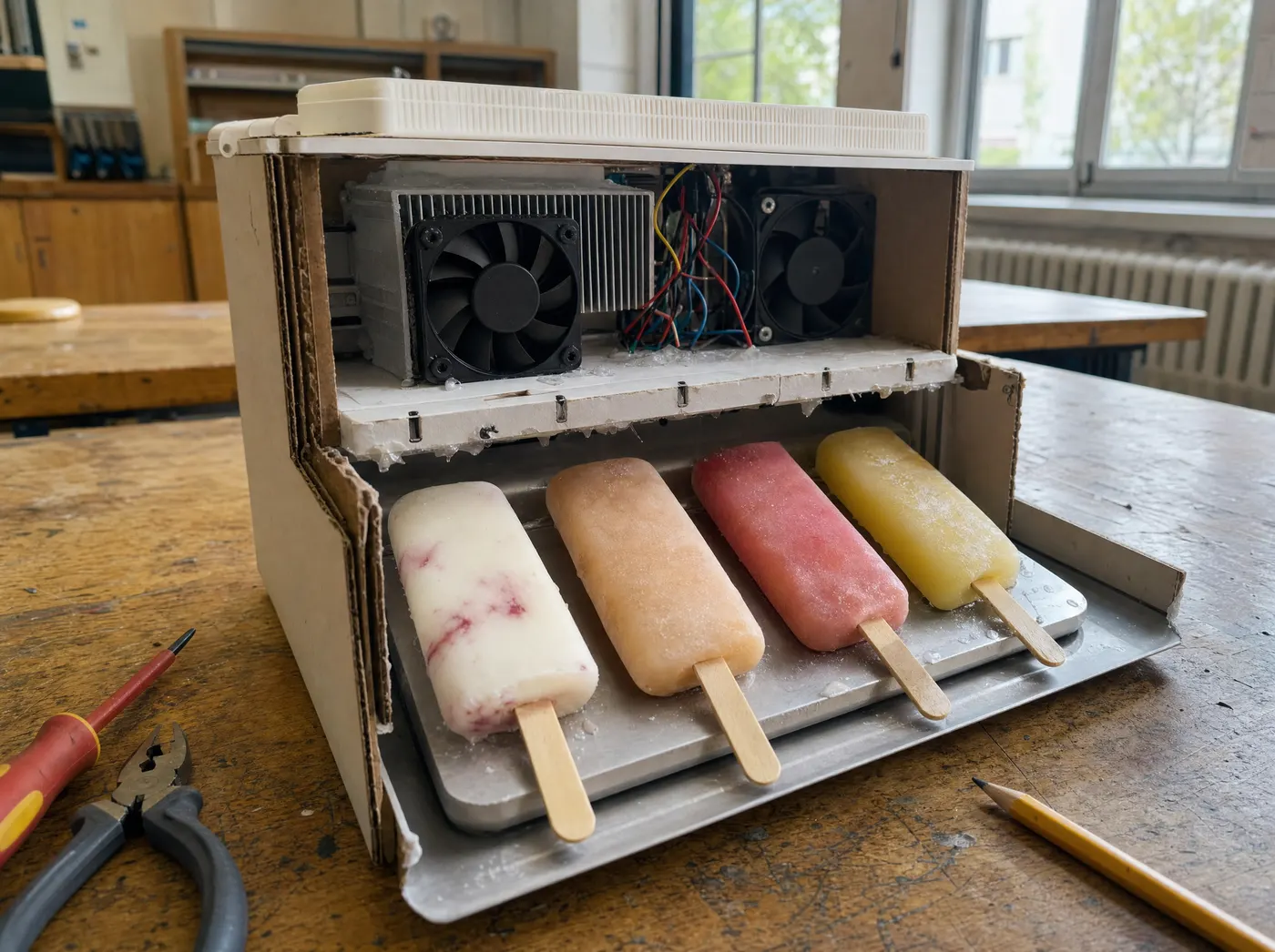 Ira, with The Sticksters. Ice lollies on golden wafer-like edible sticks on a chilled tray