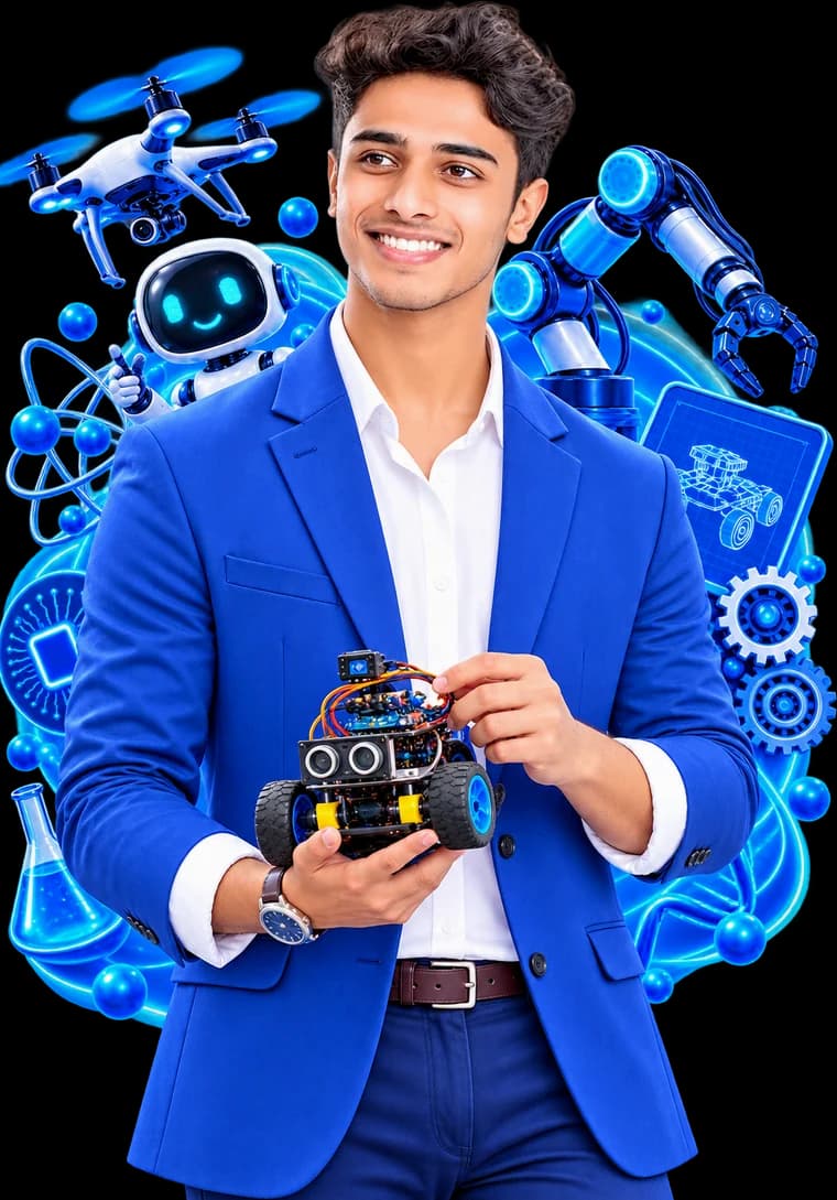 A young robotics engineer holding a sensor rover, surrounded by drawn drones, robot arms and gears